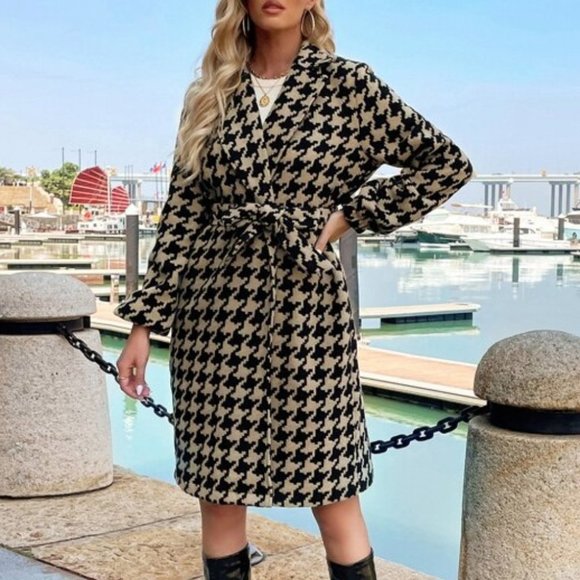 Work chic Contemporary Houndstooth Pattern Belted - Picture 2 of 6